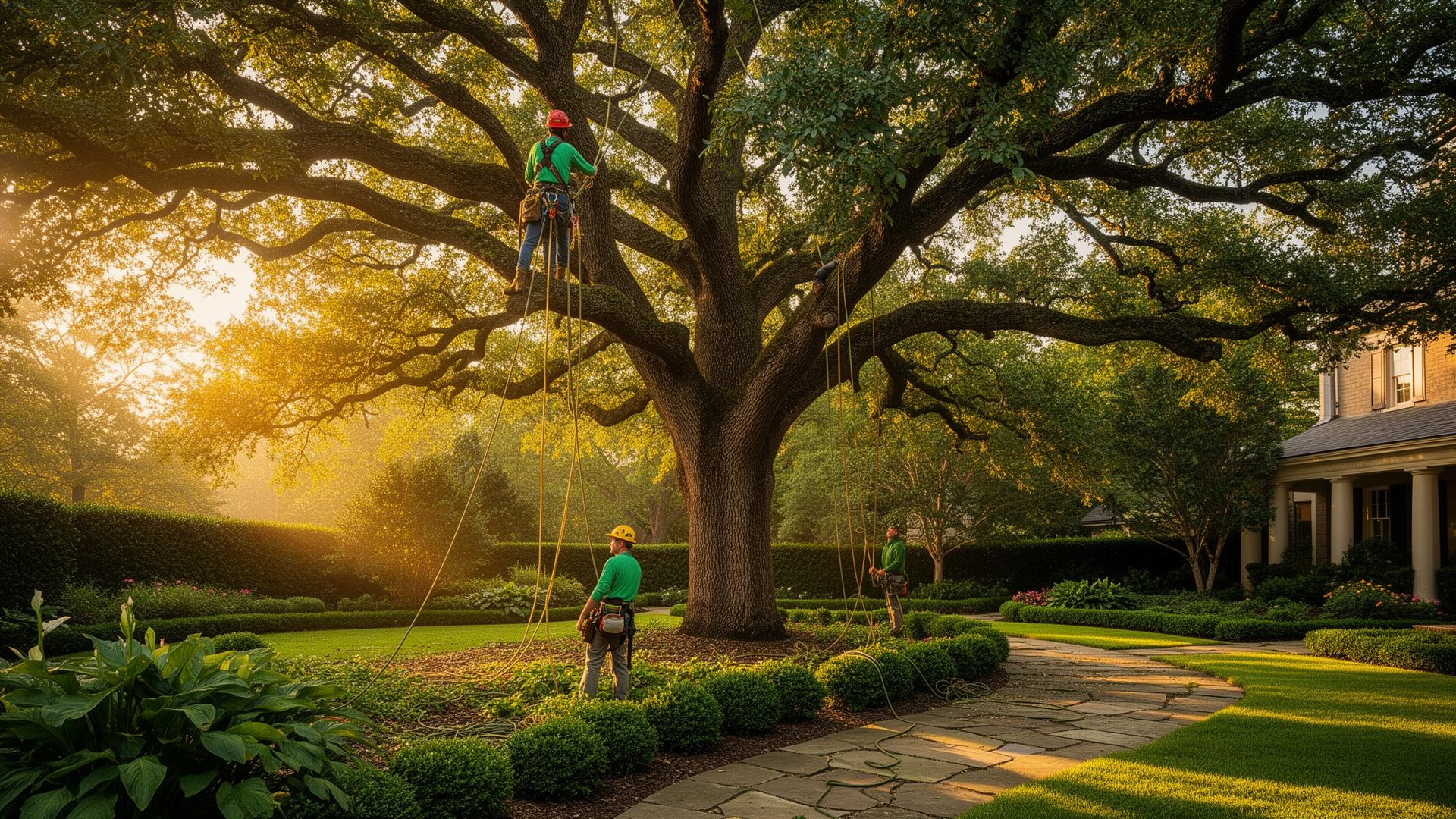 Mature oak tree being professionally cared for